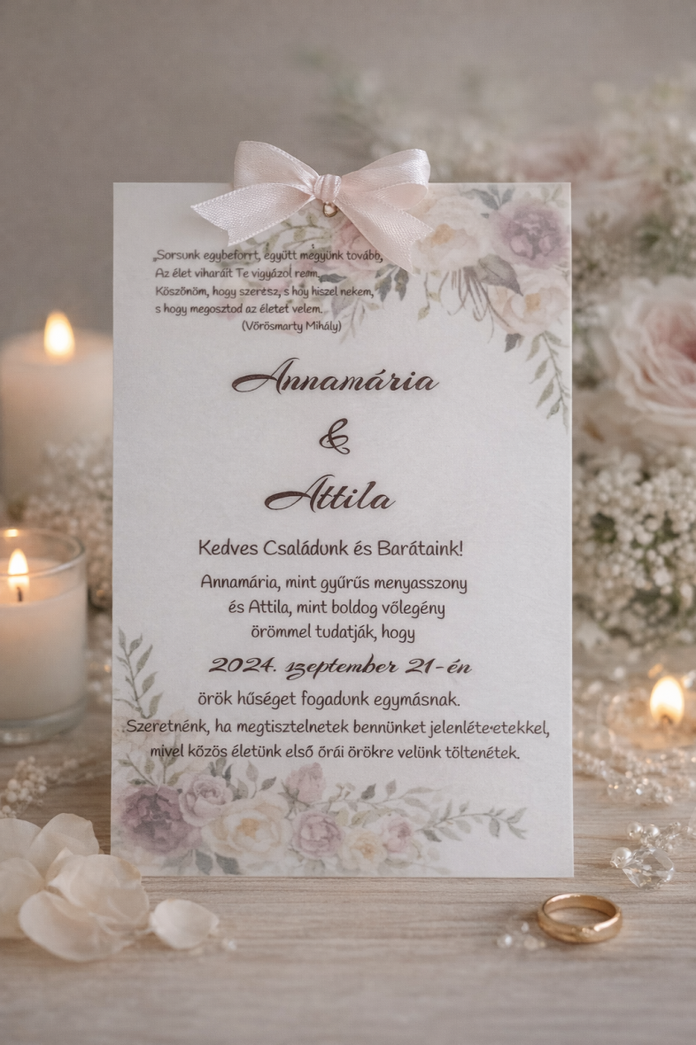 Egyedi, virágmintás esküvői meghívó selyemszalaggal