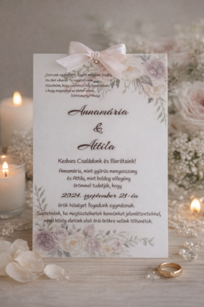 Egyedi, virágmintás esküvői meghívó selyemszalaggal