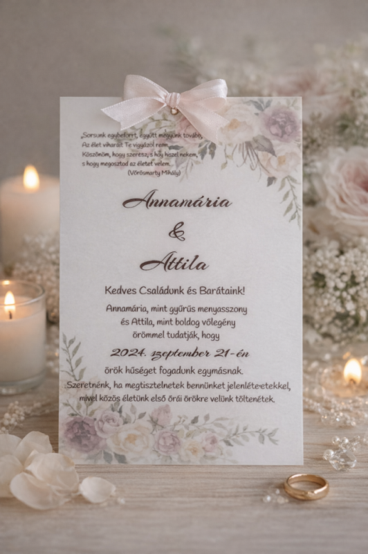 Egyedi, virágmintás esküvői meghívó selyemszalaggal